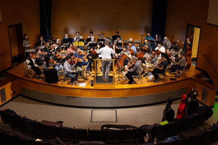 About 50 musicians play wind, string, brass, and percussion instruments. They are led by a conductor with a predominantly classical repertoire interspersed with periodic pops performances.