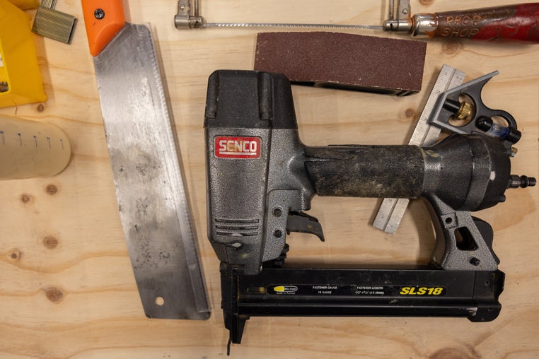 The handsaws and crown stapler Schrader uses to build props for productions at Yale Repertory Theatre stage productions.