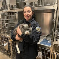 Officer Tristan Kiekel at the New Haven Animal Shelter holding a cat