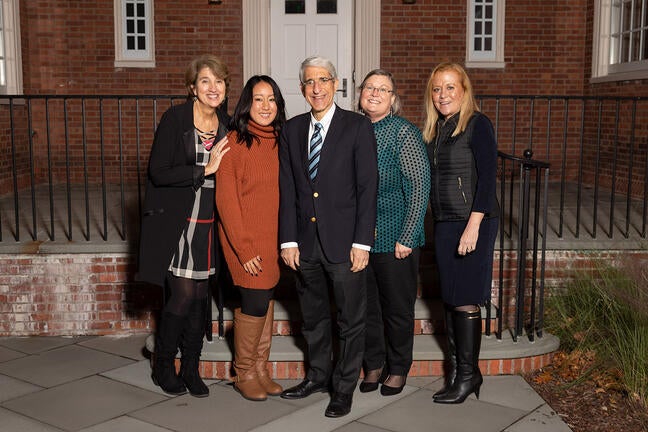 Department of Psychiatry’s Antoinette Weinstein, Edith Luysterborghs, Maureen McCarthy, and Susan Brown with President Salovey (left to right)
