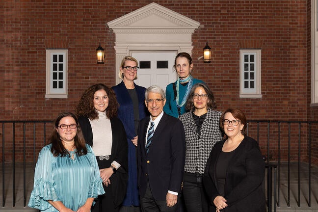 University Press, University Library, and Office of the General Counsel’s Patricia Fidler, Rowena Griem (top row); Sara Sapire, Pamela Chambers (middle row); Adria Patterson and Donna Anstey (bottom row) with President Salovey (not shown in photo: Katherine Brown, John Carlson, Wendy DeNardis, and John Donatich)