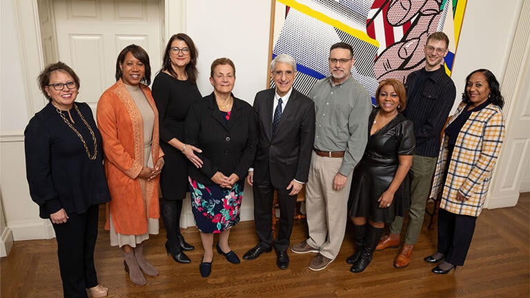 From Human Resources and Yale Divinity School: Jane Savage, Lynn Sullivan, Stephanie Gosteli, Rondi Frey, Benjamin Wretlind, Terry Reese, Ben Walter, and Deborah Stanley-McAulay with President Salovey (not shown in photo but also honored: Deirdre Stowe and Shaun King)