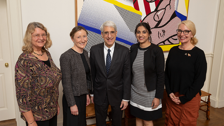School of Medicine's Laura Abriola, Yulia Surovtseva,Nalini Dhingra, and Sheila Umlauf with President Salovey
