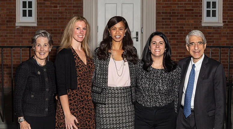 Yale Alumni Association's Sharon Small, Lauren Summers, and Jessica Woodward, with President Salovey and Linda Lorimer (not shown in photo: Anthony Hannon and Rhoda Lea).