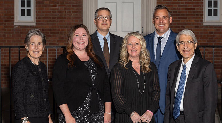 From the School of Medicine, Office of Facilities, and West Campus Administration: John-Paulo Fernandes, Michael Galbicsek (top row); Meghan Dahlmeyer and Kelly Anastasio (bottom row), with President Salovey and Linda Lorimer.
