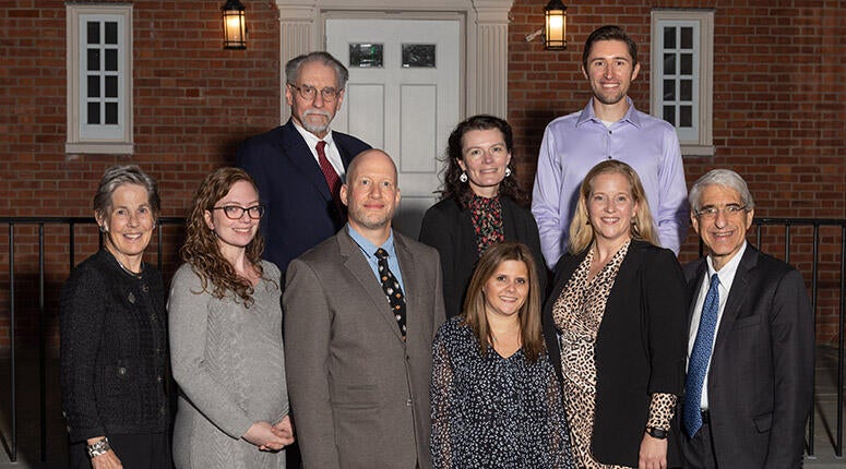 From Information Technology Services, the School of Medicine, and the School of Public Health: Peter Charpentier, Kraig Eisenman (top row); Katy Araujo (middle row); Janet Miceli, Brian Funaro, Dana Limone, and Mary Geda (bottom row), with President Salovey and Linda Lorimer (not shown in photo: Jesse Reynolds).