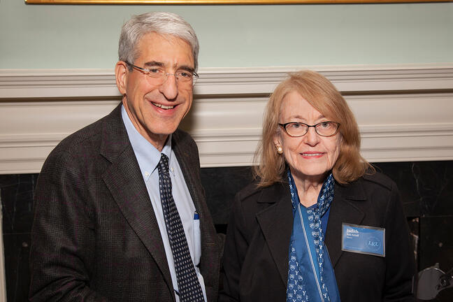 Photo of Judy Schiff from the Yale University Library with President Salovey