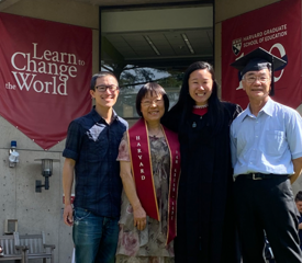 Annie Lin, Yale-China, stands with her family after receiving a masters of education from the Harvard Graduate School of Education.
