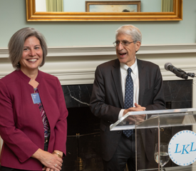 President Salovey congratulates LKL Award recipient Sheri Miller.