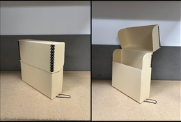 Side by side photo of tan archival record box. On the left, box is closed. On the right, box is open.