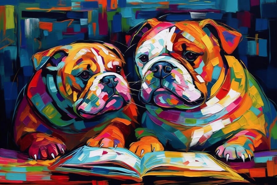 Illustration of two bulldogs reading a book.
