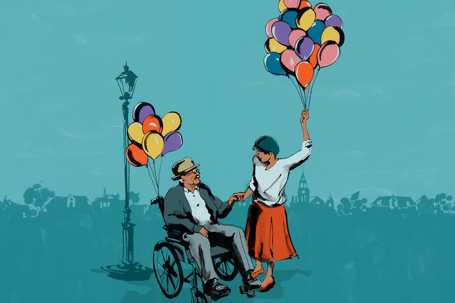 Illustration of a man in a wheelchair holding the hand of a woman with balloons in her other hand.