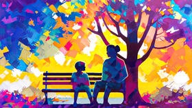 Illustratin of child and adult on park bench.
