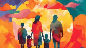 Colorful painting of a family looking at a horizon.