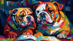 Illustration of two bulldogs reading a book.