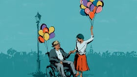 Illustration of a man in a wheelchair holding the hand of a woman with balloons in her other hand.