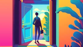 Colorful illustration of a person walking out of a home through a doorway.