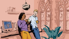 Illustration of two people in a Yale building relaxed, smiling and talking.